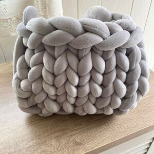 Chunky Knit Plush Tote Bag Gray -  Braided Cozy Statement Bag